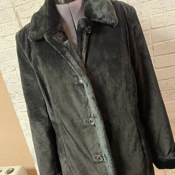 Vintage Leather/Fur Black Full Length Coat Black L - Picture 1 of 7